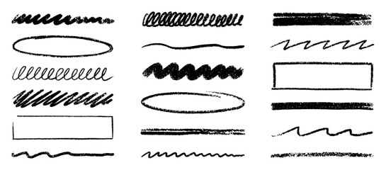 Chalk lines, frames, charcoal highlight strokes doodle set. Pencil underlines, kids crayon strips, brush line in sketch style. Hand drawn vector illustration isolated on white background