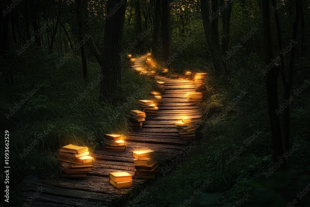 Poster a winding path through a dark forest lit by glowing books.
