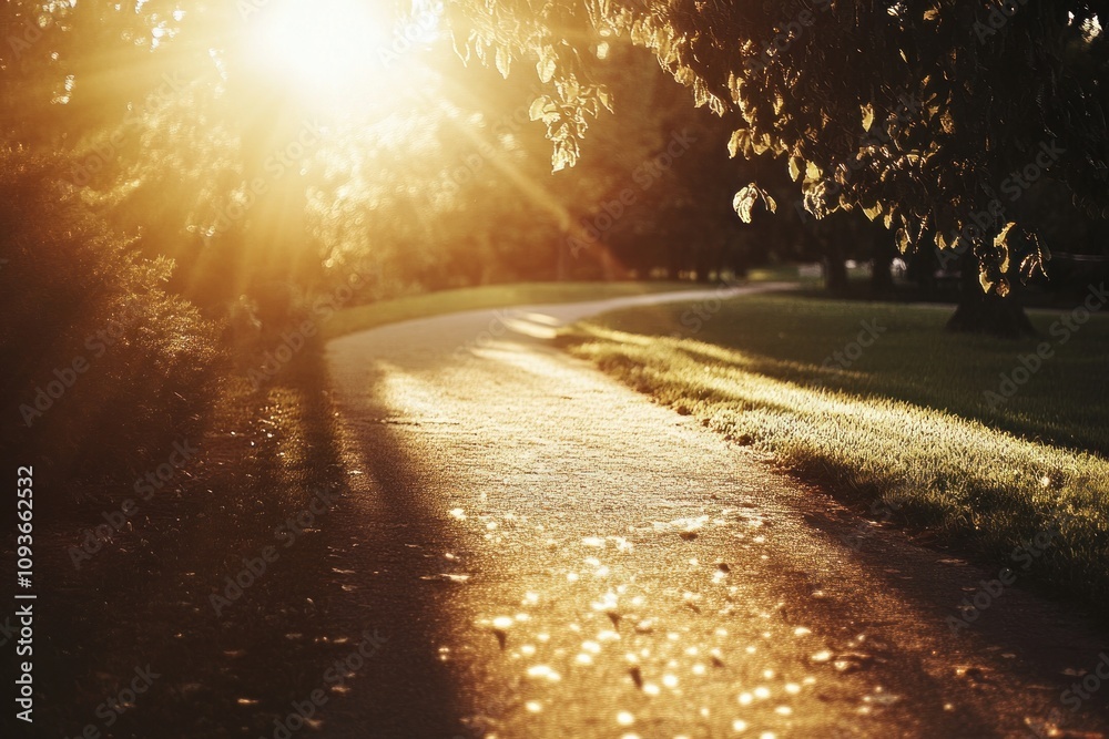 Poster a winding path through a park with golden sunlight streaming through the trees.