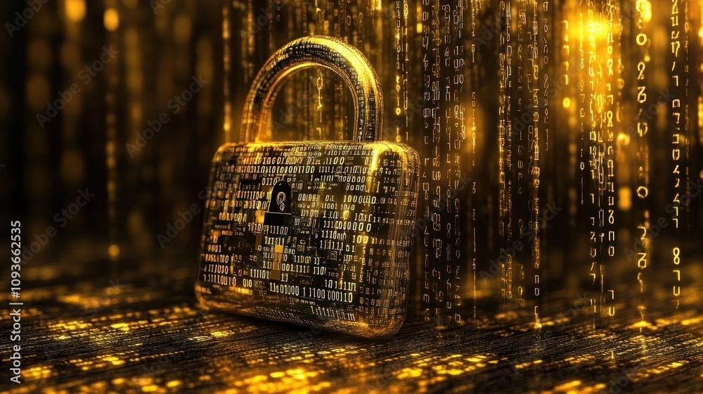 Aufkleber A golden padlock with a binary code background, representing data security.