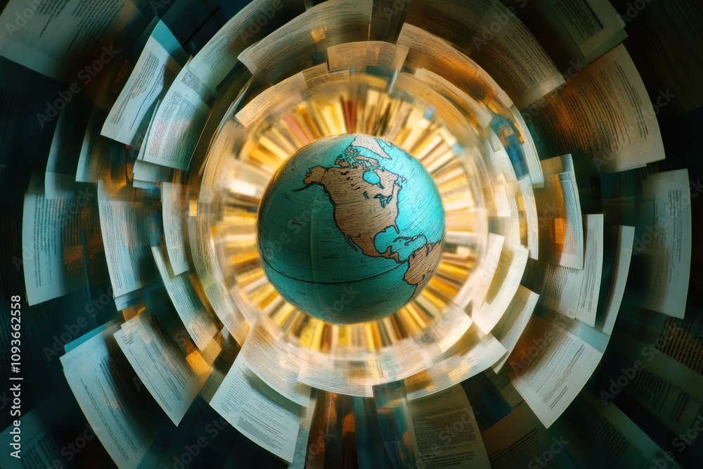 Aufkleber a globe surrounded by books in a swirling vortex of knowledge.
