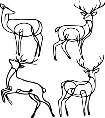 Set with deer drawn in one black line in vector. Deer silhouette