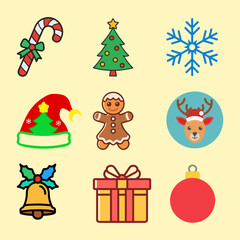 Set of Christmas minimalist ornaments elements. Xmas abstract color icons and logos in minimalist style. Christmas tree, snowman, gifts, bell, candy and others for holiday decoration. 