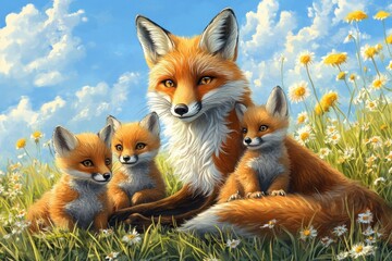 A mother fox and her three kits rest in a field of wildflowers on a sunny day.