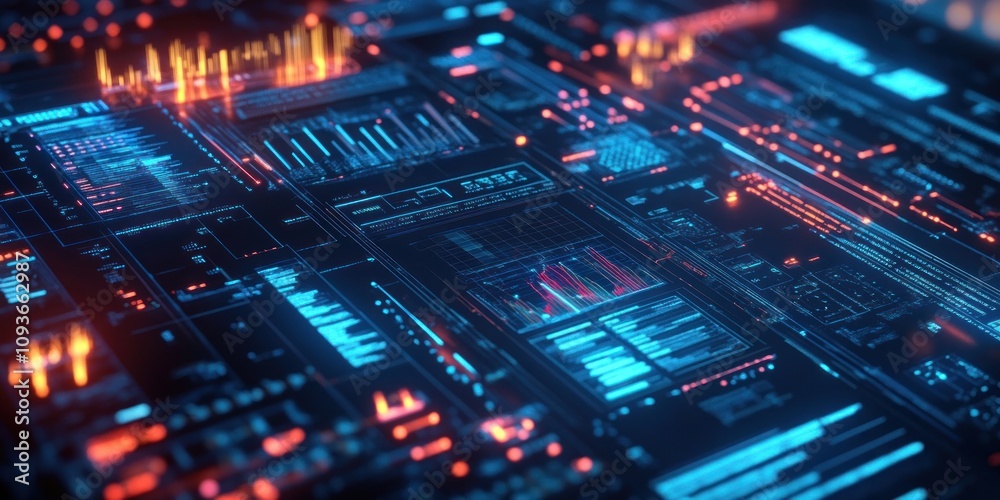 Aufkleber Abstract futuristic tech background with glowing blue and orange lines and data.