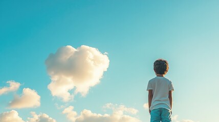 Young boy gazes at fluffy clouds in clear sky