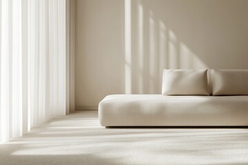 A minimalist living room with a white sofa, sheer curtains, and natural light streaming in through the window.