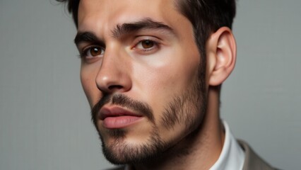 Fototapeta premium A man demonstrating beard trimming styles small beards for goatee, perfect for those who love a sharp, defined look.