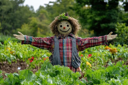 A cheerful scarecrow with a plaid shirt and straw hat watches over a lush vegetable garden filled with leafy greens and colorful produce. Generative AI - Powered by Adobe