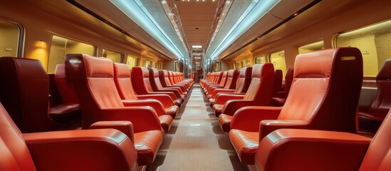 Rows of red seats on a train car.