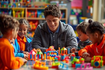 Hispanic male teacher engages preschool students in hands-on learning activities with a variety of educational toys.
