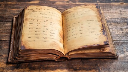 Obraz premium Old, weathered ledger with handwritten entries open on rustic wooden table