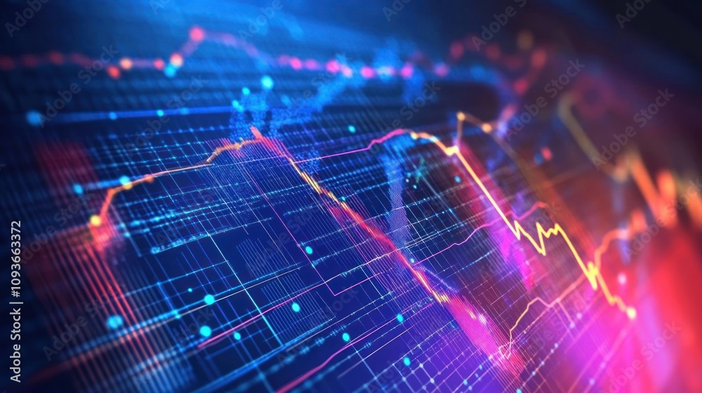 Poster A close-up of a digital screen displaying a financial chart with blue, yellow, and red lines and dots.