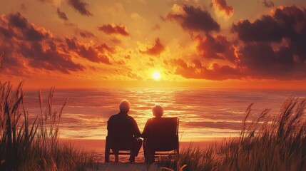 A senior couple sits on the beach watching the sunset.