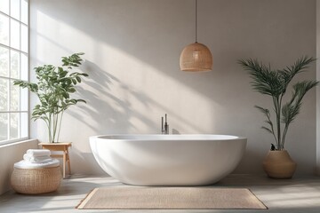 Fototapeta premium Minimalist bathroom with a freestanding bathtub, a wicker pendant light, and plants.