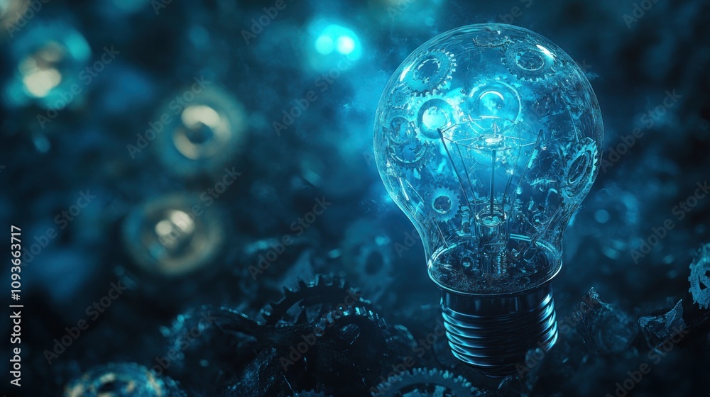 Poster A glowing lightbulb with gears inside, surrounded by cogs, represents the power of innovation and ideas.