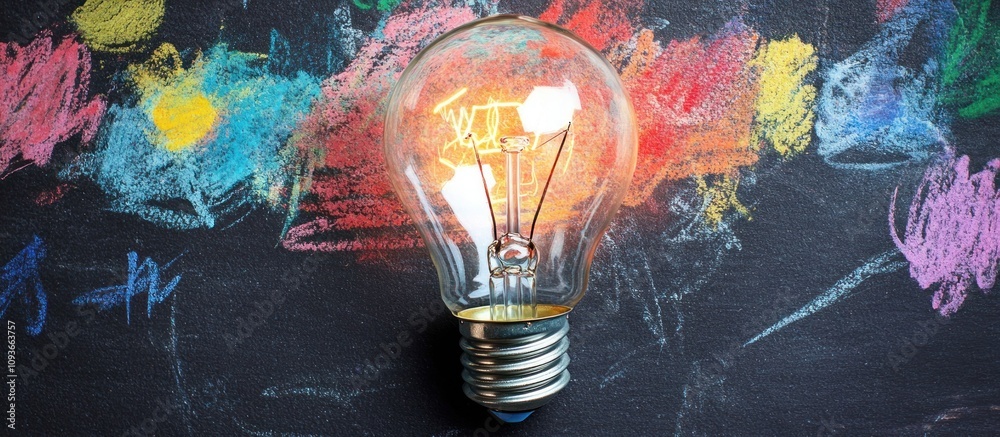 Poster a glowing light bulb with a chalk drawing background.