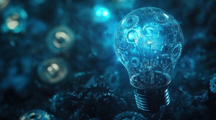 A glowing lightbulb with gears inside, surrounded by cogs, represents the power of innovation and ideas.