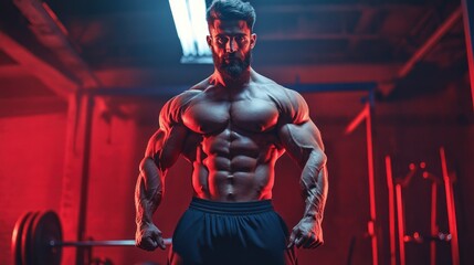 A muscular man stands confidently in a gym, illuminated by red and blue lighting.  His chiseled physique and determined expression exude strength and power.