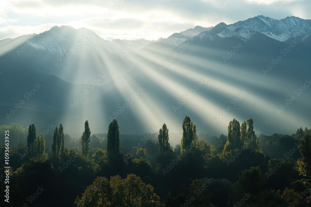 Poster Sunbeams breaking through the clouds illuminating a mountain range with a forest in the foreground.
