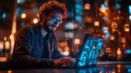 Obraz premium A professional using multi-factor authentication on a laptop, with glowing security icons overlaying the screen