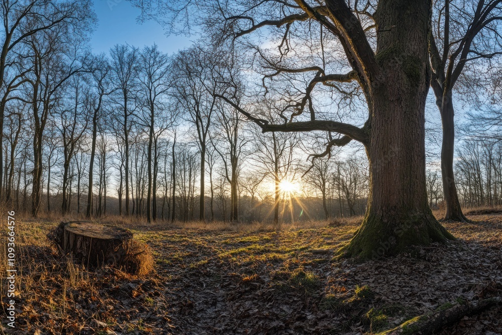 Poster A large oak tree stands tall in a forest clearing with a sunset behind it. The sun is shining through the branches of the tree, creating a warm glow on the forest floor