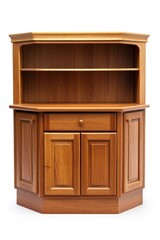 A wooden corner cabinet with two doors, one drawer, and an open shelf.