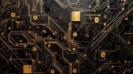 Fototapeta premium Abstract black and gold circuit board pattern.