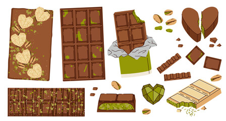 Set of various Dubai chocolate with pistachio and kataifi dough. White and milk chocolate with pistachio paste filling. Vector illustration of trending pistachio chocolate bars green filling flavor