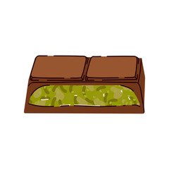 Sweet Dubai chocolate with pistachio and kataifi dough in milk chocolate. Bar of chocolate with pistachio paste filling. Vector illustration of trending pistachio chocolate bars green filling flavor