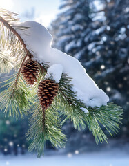 snow falls gently fir branch pine cones serene winter landscape