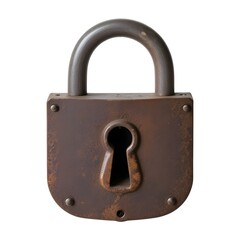 An old, rusty metal padlock with a keyhole and a worn, weathered surface