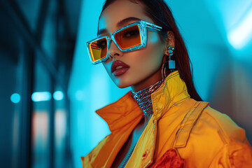 A south asian model wearing retro urban attire with futuristic elements, confidently posing with an expressive gaze.