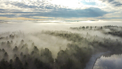Beautiful tranquil lakeside campsite in the morning surrounded by lush green trees and fog