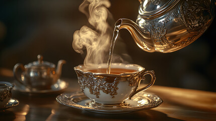 A baroque silver teapot pouring steaming Earl Grey tea into fine porcelain.