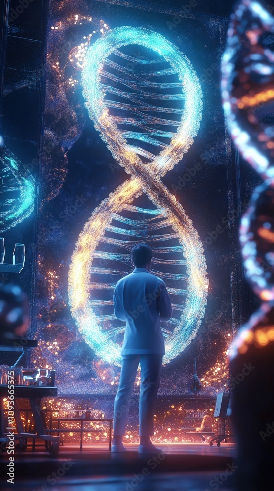 Aufkleber Scientist stares at surreal hologram of epic chromosome. Futuristic lab setting. Genetic research. Biotechnology innovation. Cutting-edge science. Bioinformatics study in progress. Modern lab with