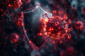 A digital image of a shield stopping a glowing red virus icon mid-air, symbolizing antivirus protection