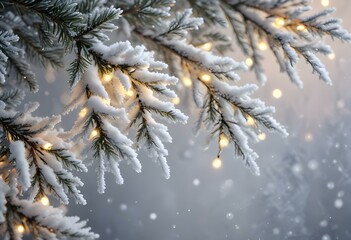 Christmas background featuring snow-covered pine branches illuminated by soft, warm lights