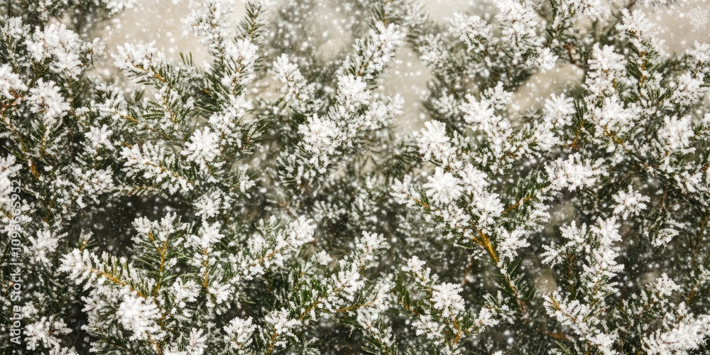 Poster a close-up of snow-covered evergreen branches with a blurry background.