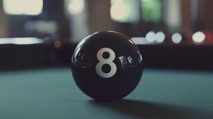Black eight ball on a green felt pool table.
