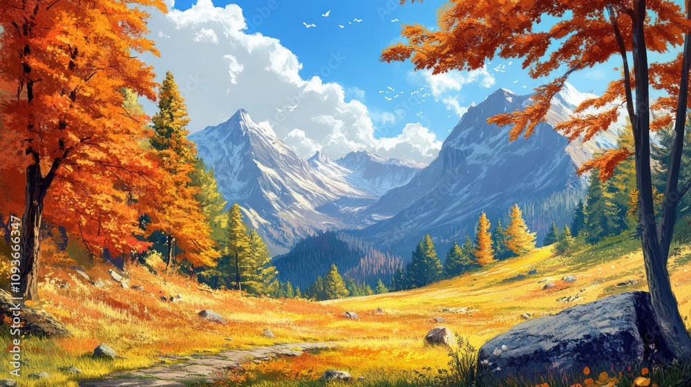 Poster a picturesque autumn scene with a path leading towards snow-capped mountains in a valley surrounded 