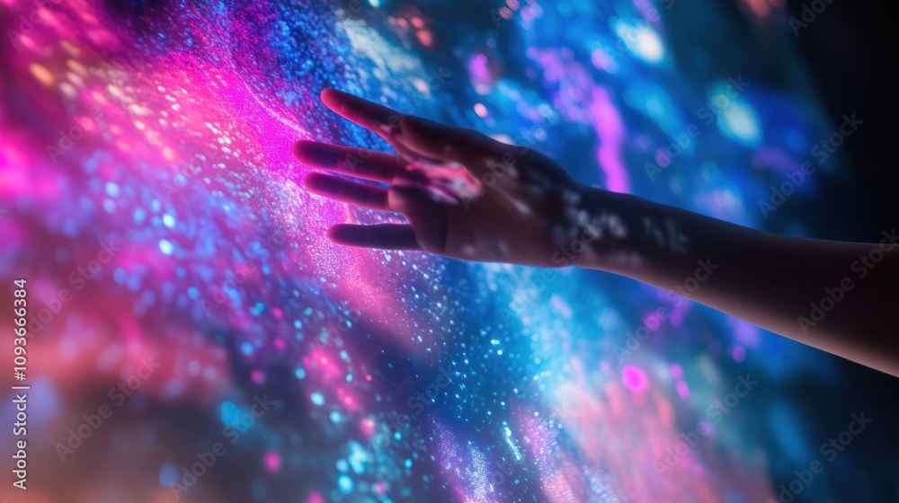 Poster A hand reaches out to touch a vibrant, interactive digital display. The display is filled with abstract patterns and colors, creating a futuristic and ethereal atmosphere.