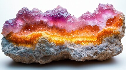 Fototapeta premium Vibrant multicolored crystal geode with purple and orange layers on textured rock