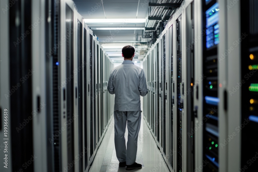 Aufkleber a technician walks through a server room, rows of servers line the walls.