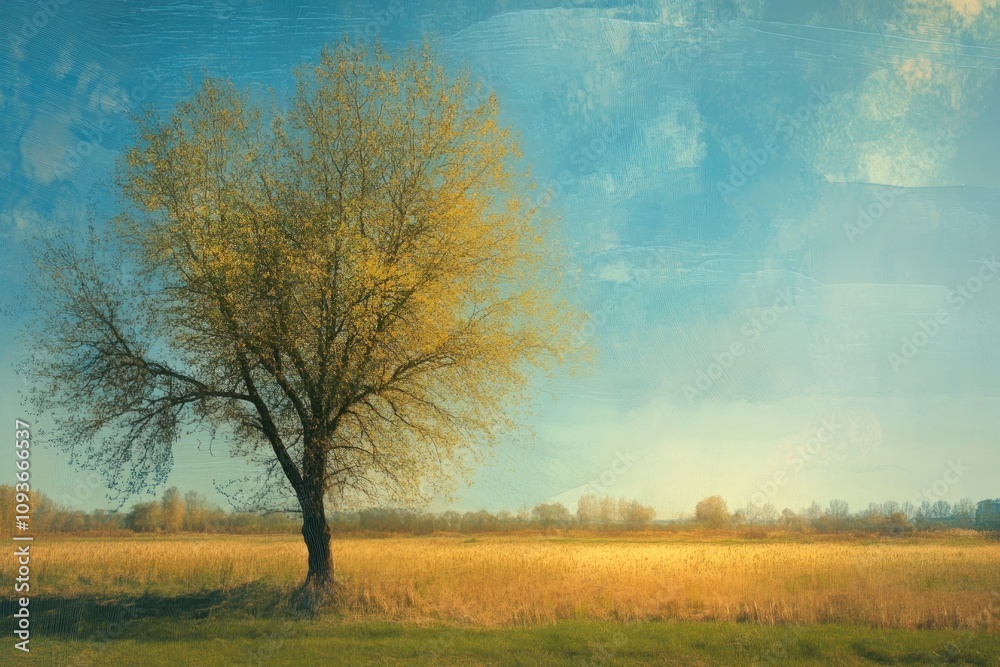 Poster a single tree stands tall in a field of golden grass, with a blue sky and wispy clouds above.