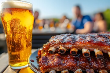 Plate of BBQ ribs served with a glass of beer, featuring tender, smoky meat glazed with sauce, creating a perfect combination for a hearty meal or backyard barbecue