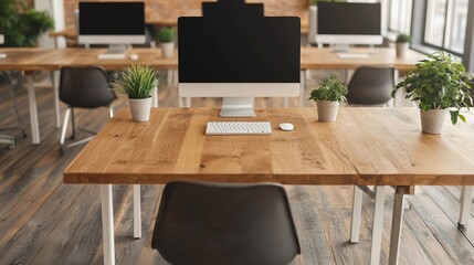 Business plan funding and marketing strategy concept. Modern Workspace with Plants and Computer Setup