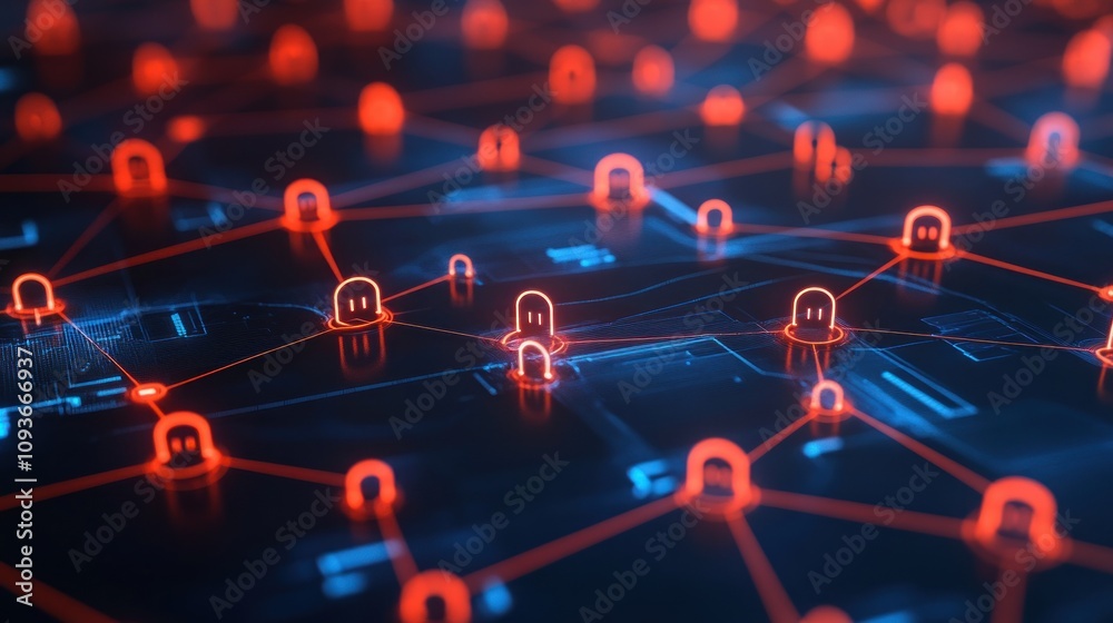 Poster Abstract digital network with glowing red and blue nodes connected by lines.