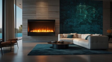 Here's a  and keyword list for your stock photo.. Modern living room with electric fireplace, teal wall, and sectional sofa.