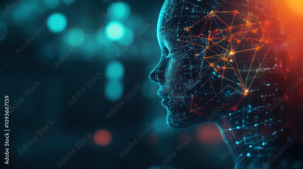 Poster abstract digital human head with glowing lines and dots in a futuristic style.